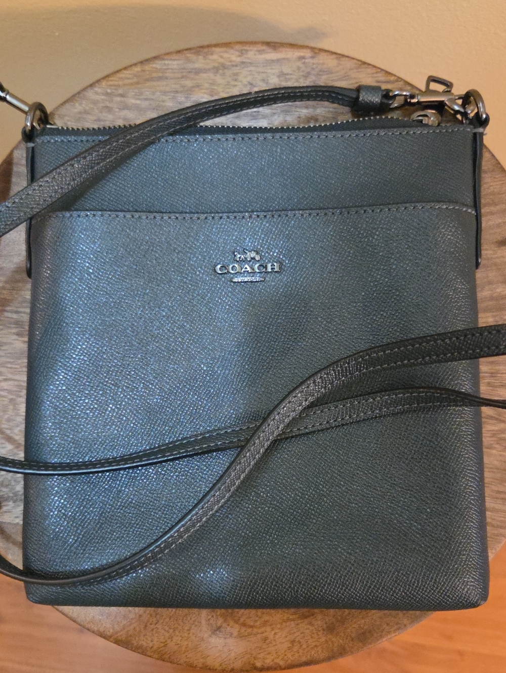COACH Dark Green Leather Crossbody with Silver Logo